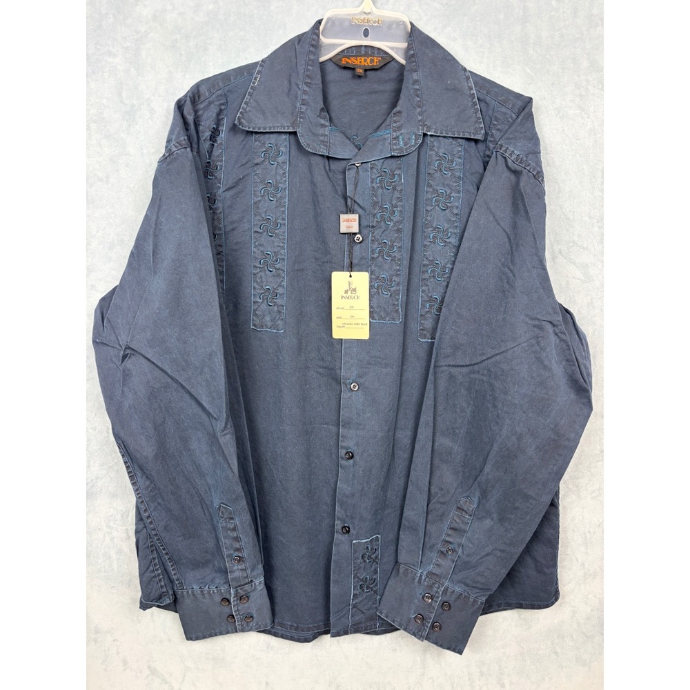 Inserch Mens 200 Embroidered Button Down Shirt 2XL Dark Grey Blue Cotton NWT